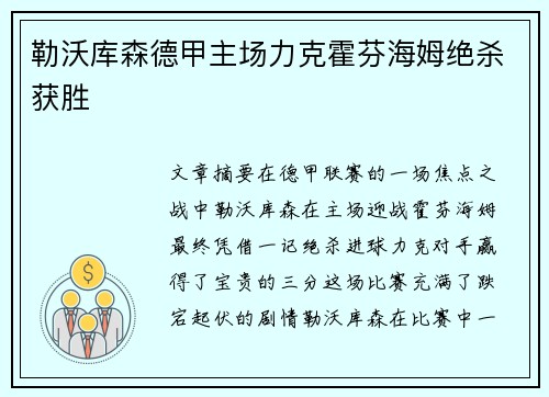 勒沃库森德甲主场力克霍芬海姆绝杀获胜
